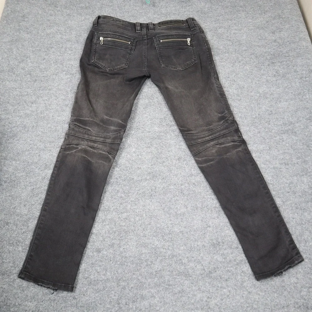 Rock Revival Moto Men Black Distressed Biker Jeans‎ Slim Fit Ribbed Details READ
